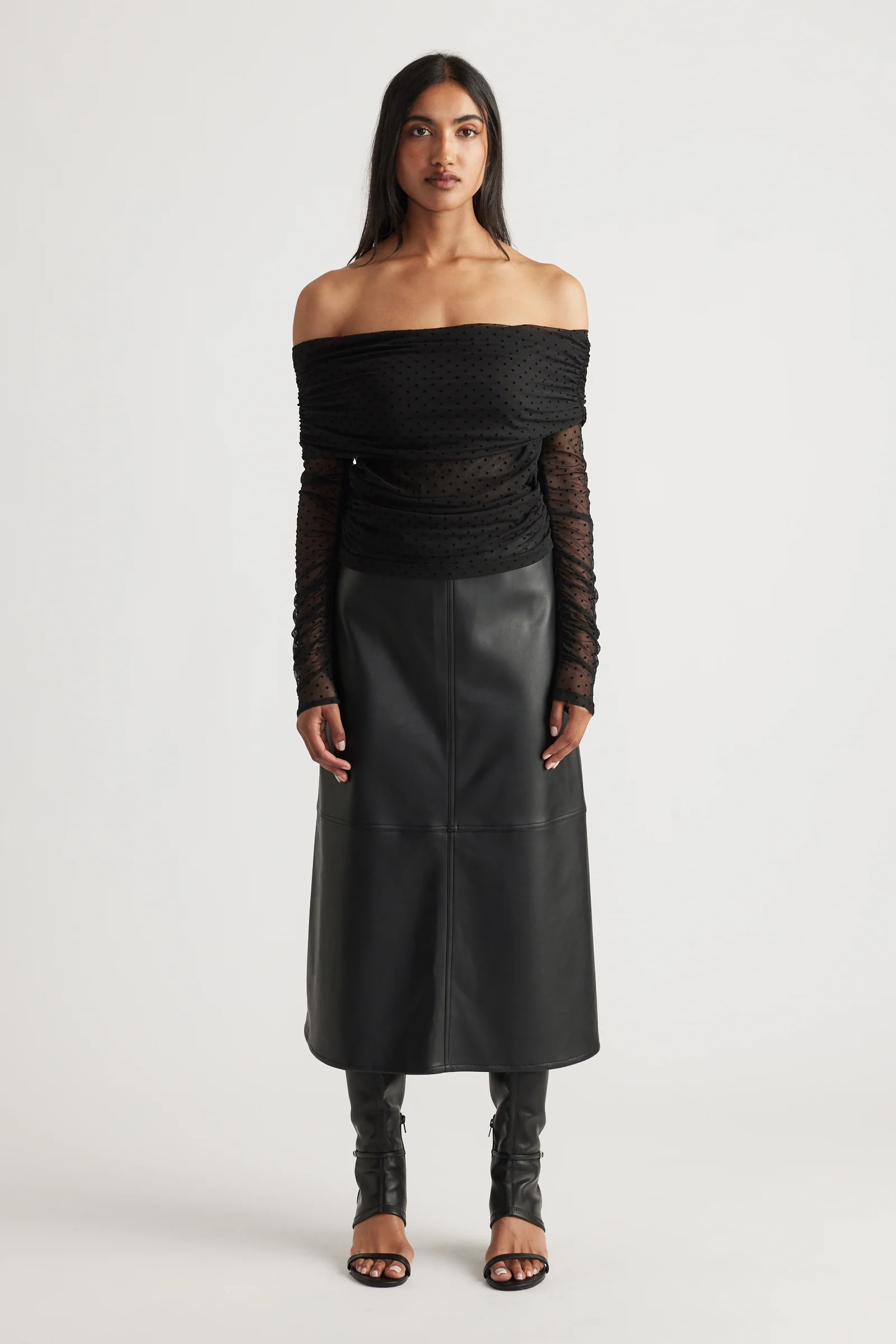 Off Shoulder Ruched Mesh Top