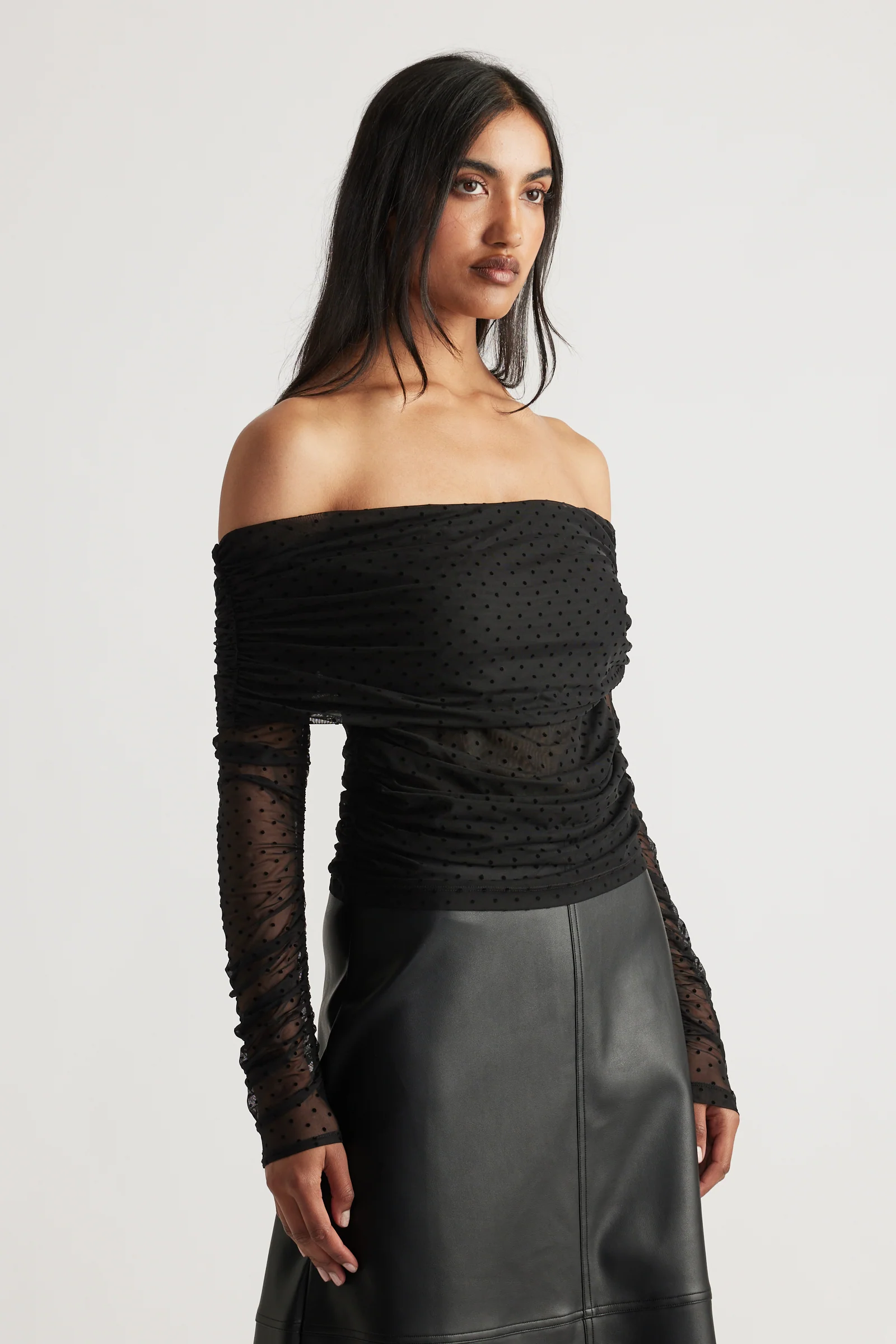 Off Shoulder Ruched Mesh Top - Image 2